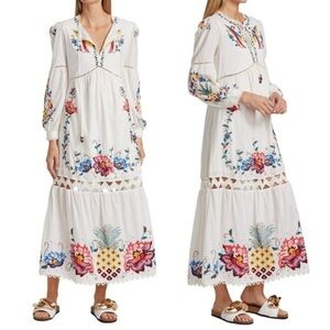 FARM Rio White Embroidered Long Sleeve Maxi Dress with Multicolor Floral Motifs
